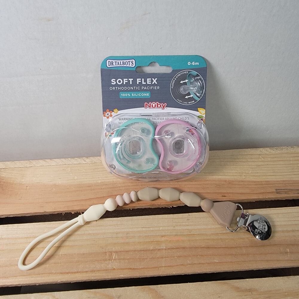 2 Pc Dr. Talbots by Nuby Ortho Pacifiers 0-6m - NEW / SEALED + Pacifier Clip